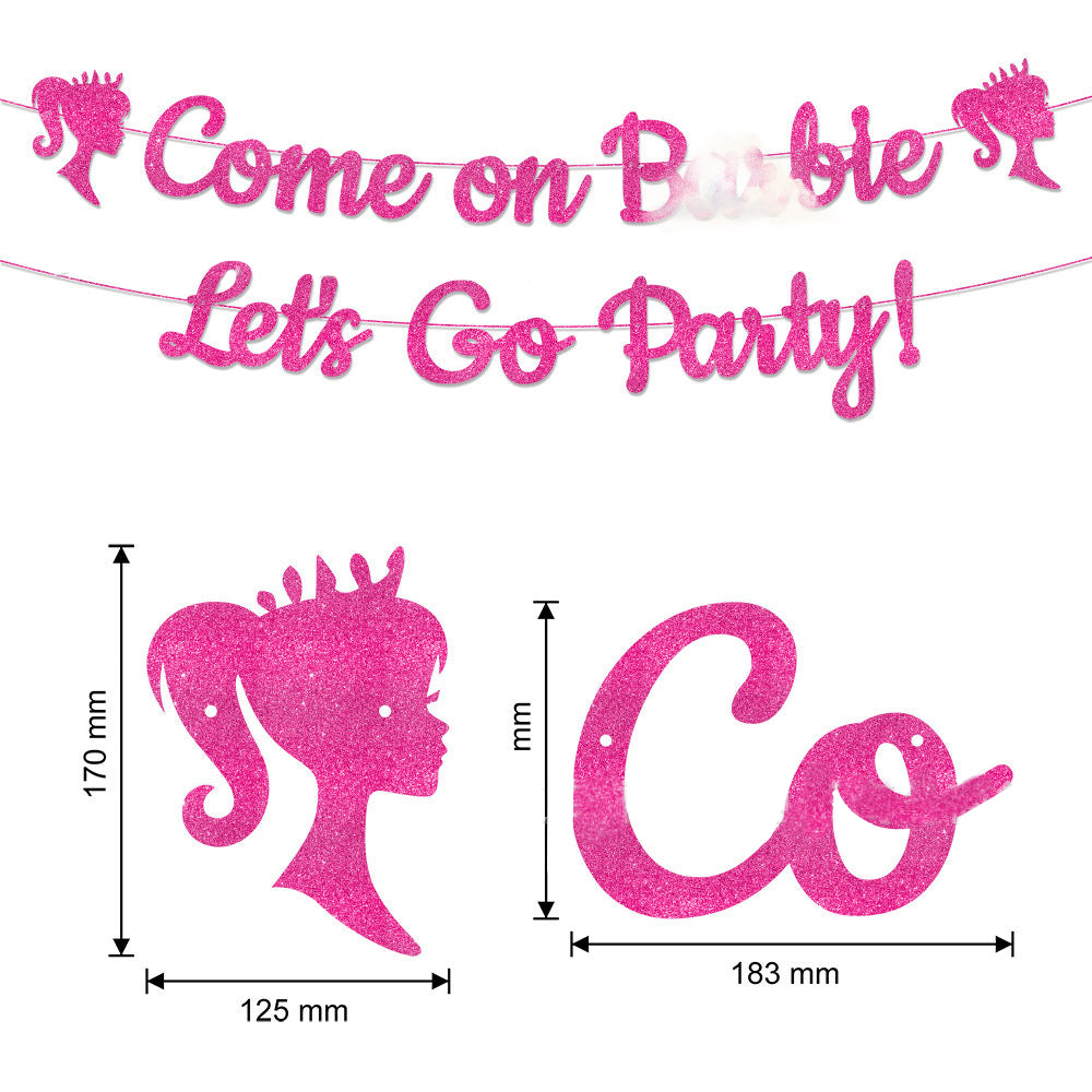 Come on, Let's Go Glittery Party Banner with Macaron Pink Fringe Curtains