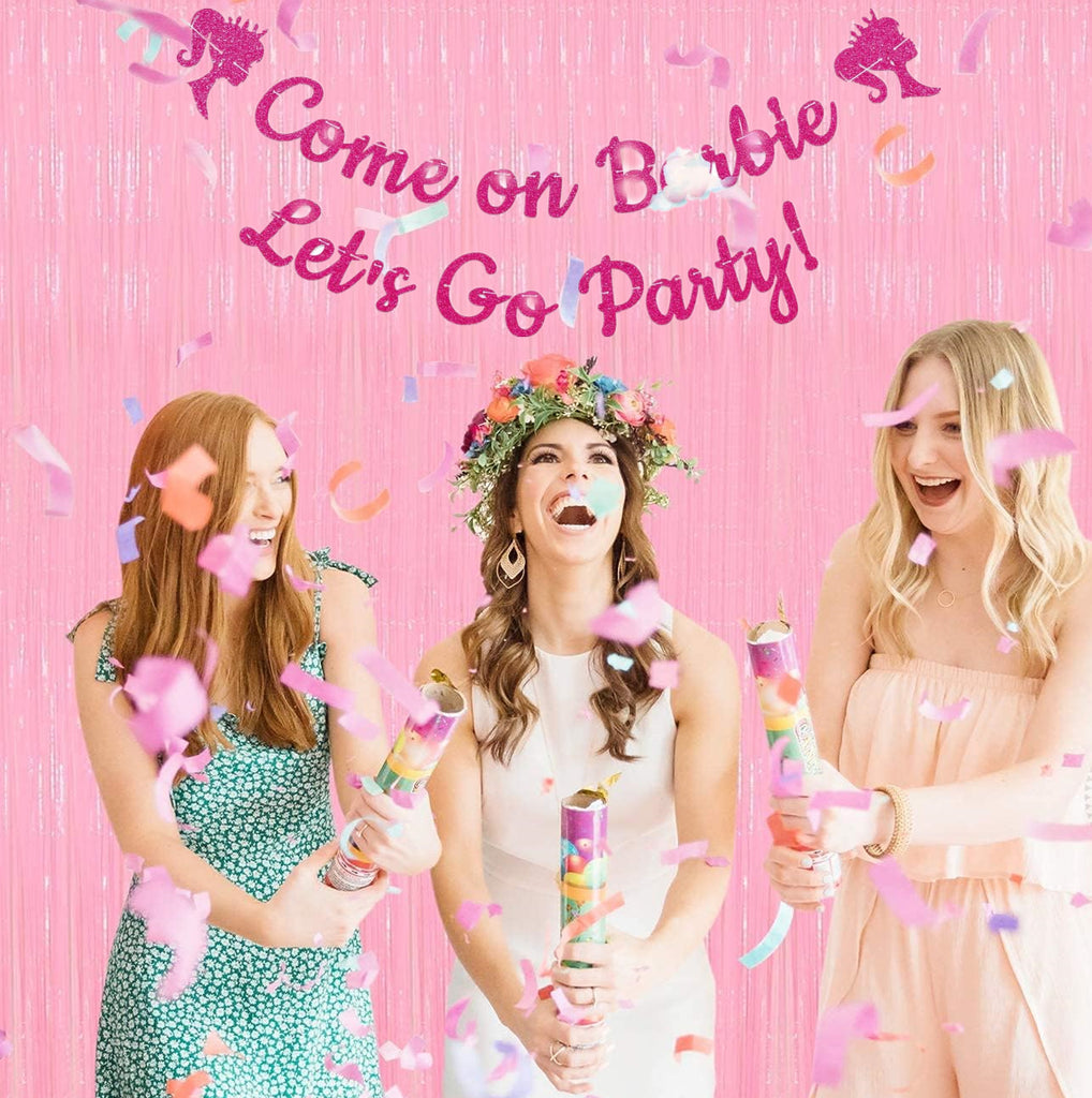 Come on, Let's Go Glittery Party Banner with Macaron Pink Fringe Curtains