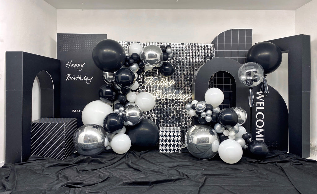 Birthday party balloon colour scheme - black & white & silver