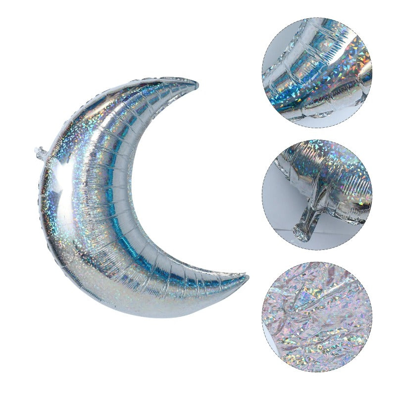 Giant Holographic Silver Moon Crescent Foil Balloon, Helium Supported, 35"