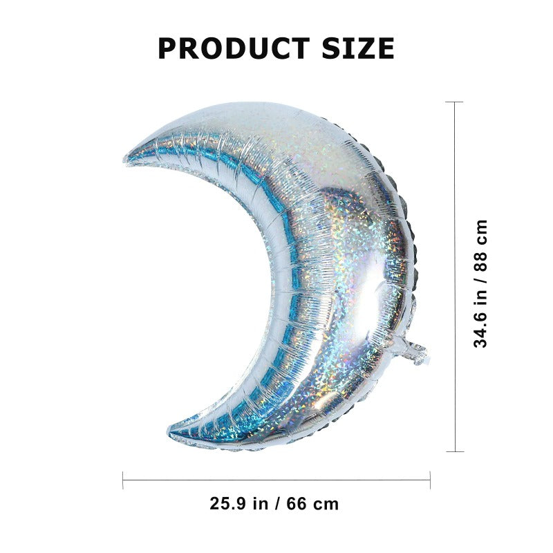 Giant Holographic Silver Moon Crescent Foil Balloon, Helium Supported, 35"