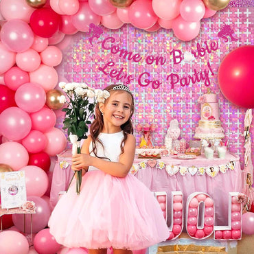Come on, Let's Go Glittery Hot Pink Party Banner with Sparkle Pink Square Fringe Curtains