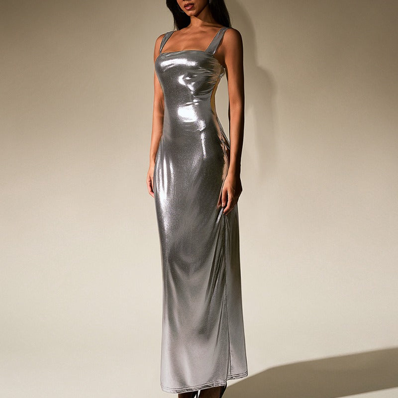 Silver Gloss Dress, Sexy Backless Back Split Square Neck Dress