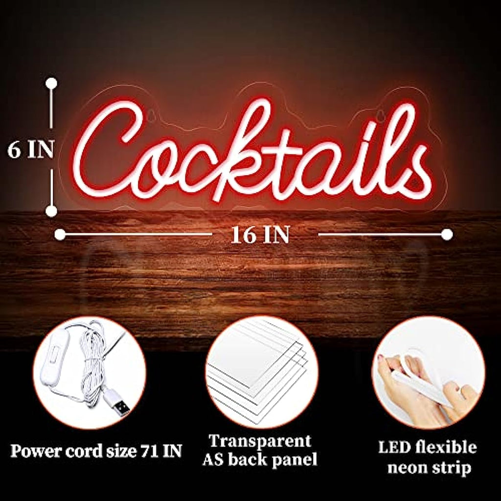 Cocktails Neon Sign, LED Neon Light Sign for Wall Decor, USB Powered Bar Home Room Neon Decor 16"x 6" (Red)