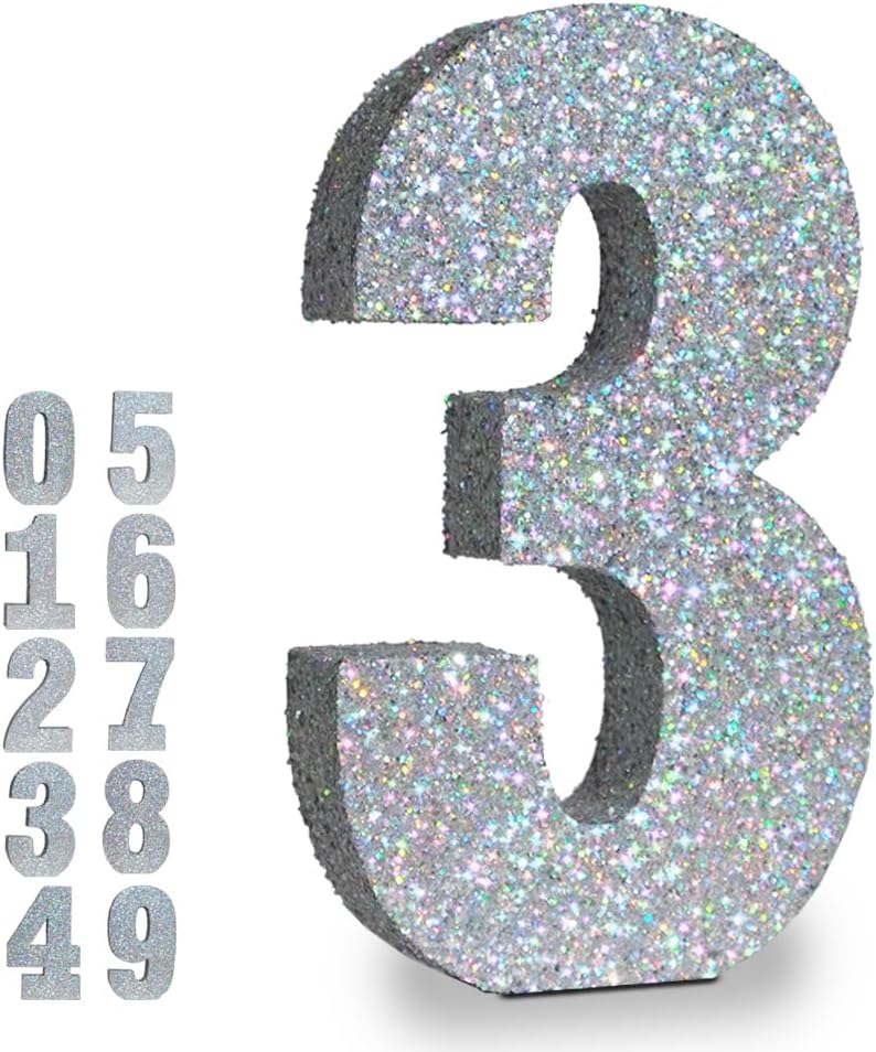 Silver Glittery Number Decoration, 1pc, Birthday/Anniversary, Unisex, Senior, Table Topper, 20*20*3cm