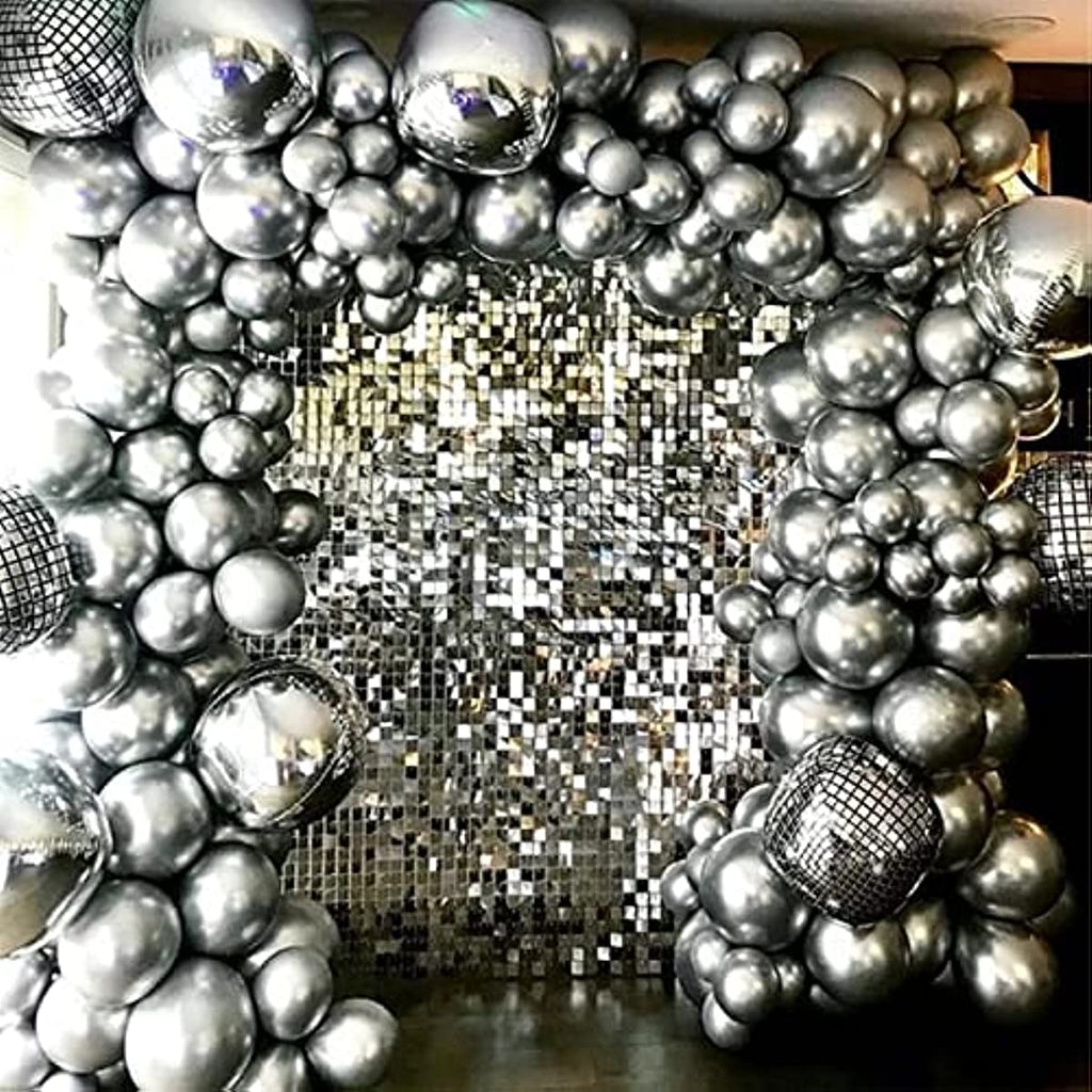 Chrome Metallic Silver Balloon Garland Arch Kit with 4D Laser Disco Foil Balloon