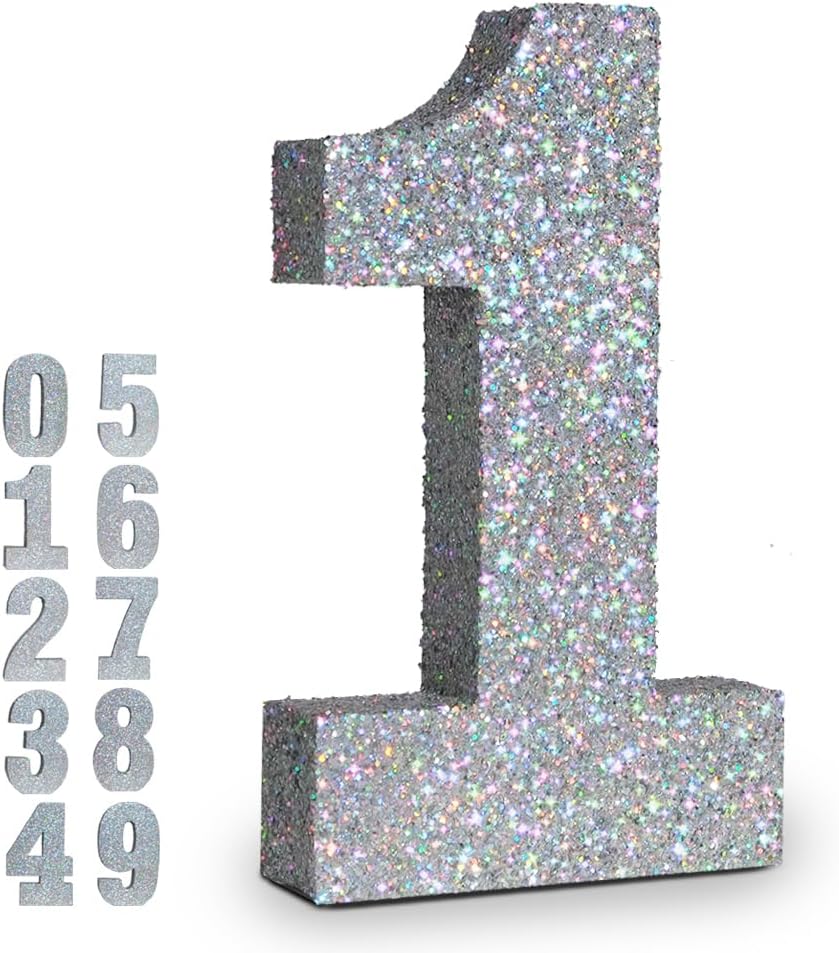 Silver Glittery Number Decoration, 1pc, Birthday/Anniversary, Unisex, Senior, Table Topper, 20*20*3cm