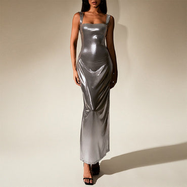 Silver Gloss Dress, Sexy Backless Back Split Square Neck Dress