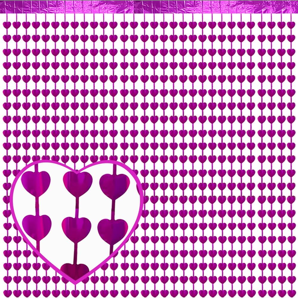 2 Pack 3.3 x 6.6ft Hot Pink Heart Shape Foil Fringe Backdrop