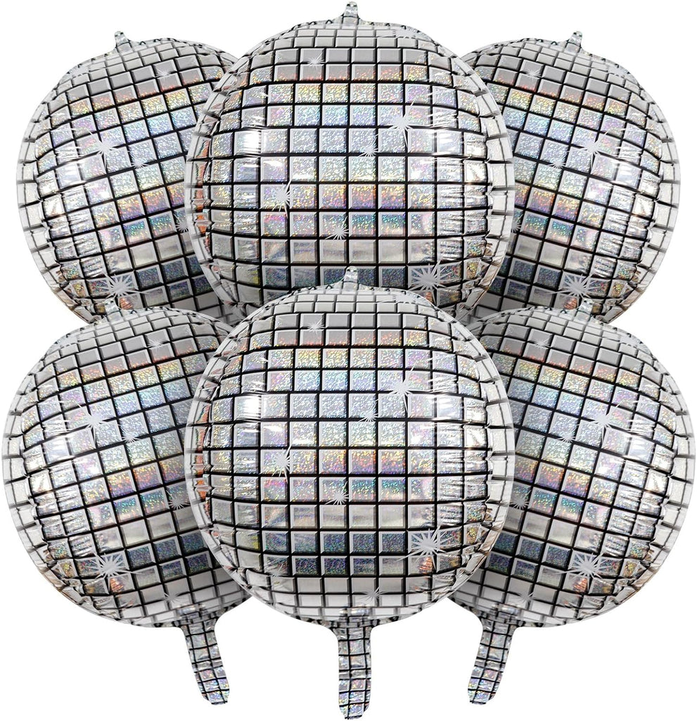 6 PCS Disco Holographic Balloons Silver Disco Mylar Foil Balloons 22"