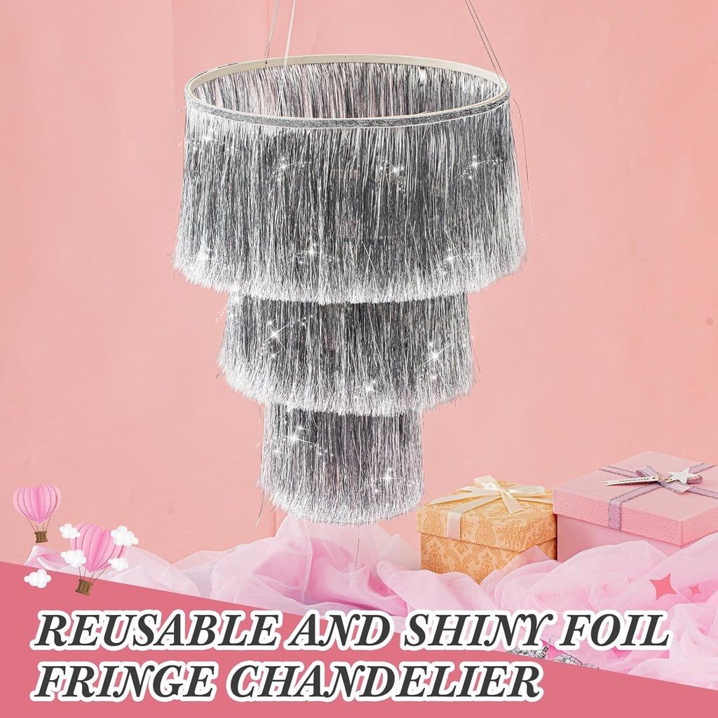 1 Piece 3 Tier Fringe Tinsel Chandelier Decoration, 18" Height