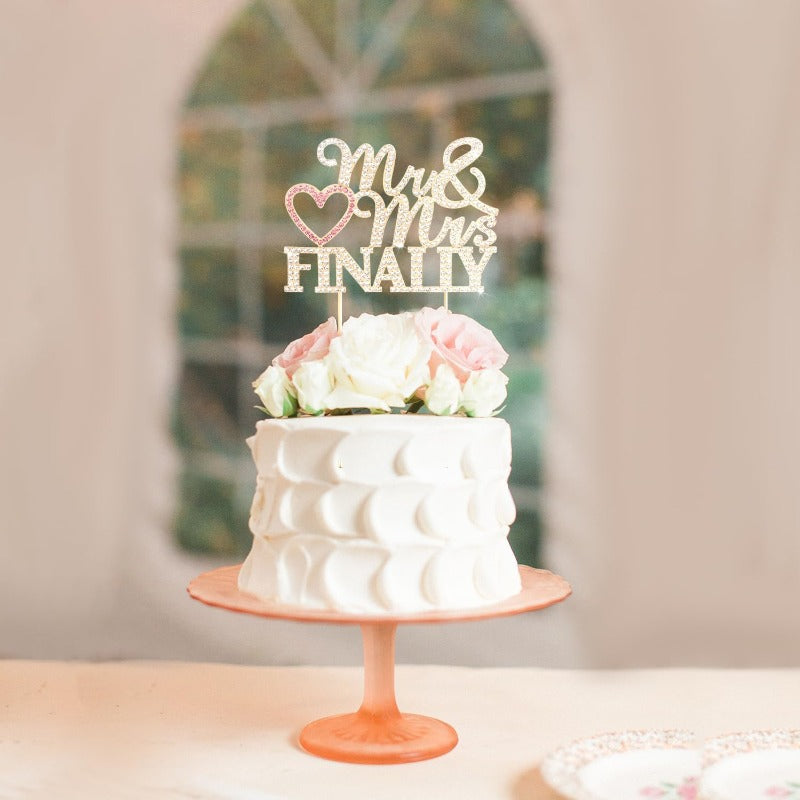 Finally Mr & Mrs Gold & Pink Wedding Rhinestone Cake Topper