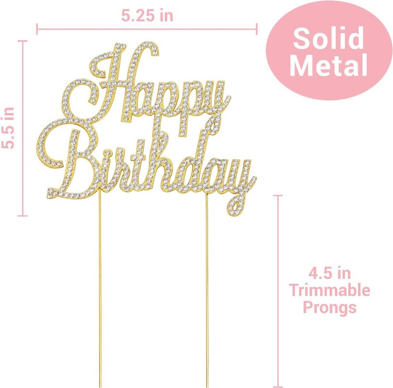 Happy Birthday Cake Topper - Premium Gold Metal Sparkly Rhinestone Decoration