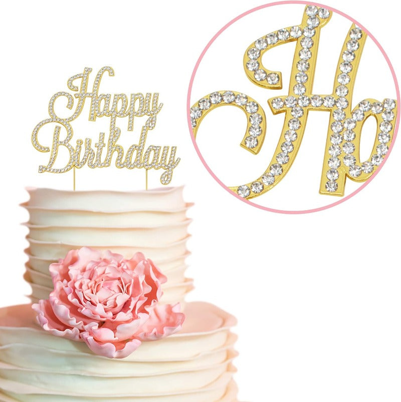 Happy Birthday Cake Topper - Premium Gold Metal Sparkly Rhinestone Decoration