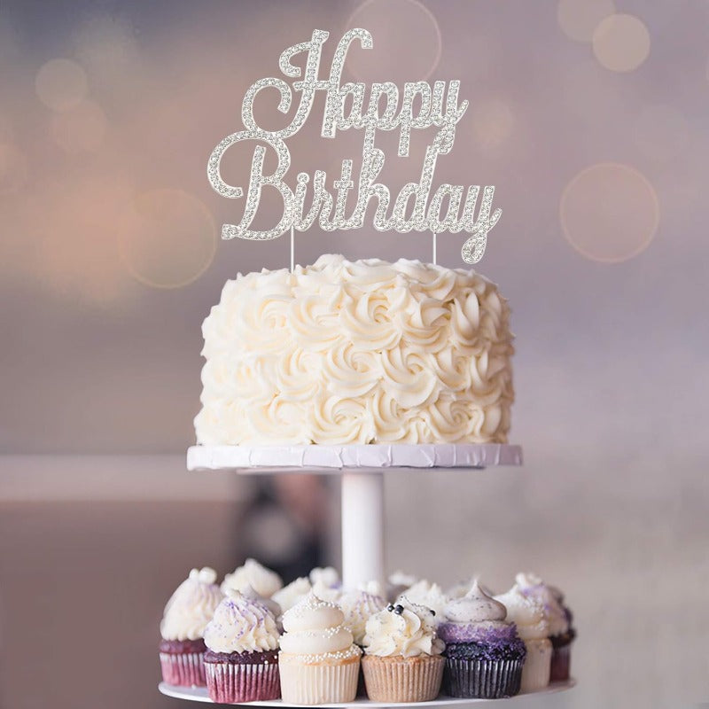 Happy Birthday Cake Topper - Premium Silver Metal Sparkly Rhinestone Decoration