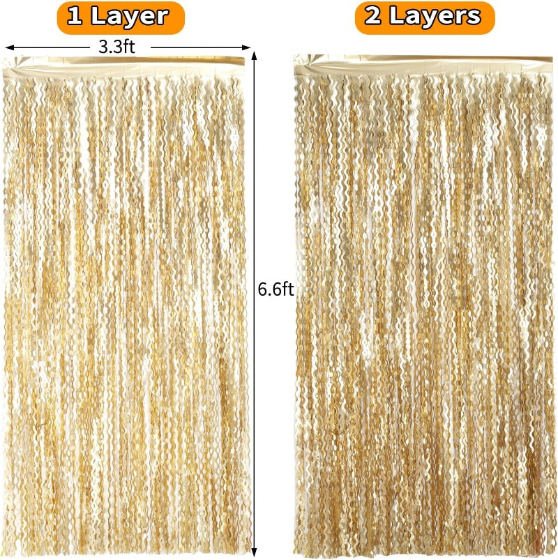 2 Pack Wavy Champagne Gold Metallic Tinsel Foil Fringe Curtains Backdrop - 3.3X6.6ft