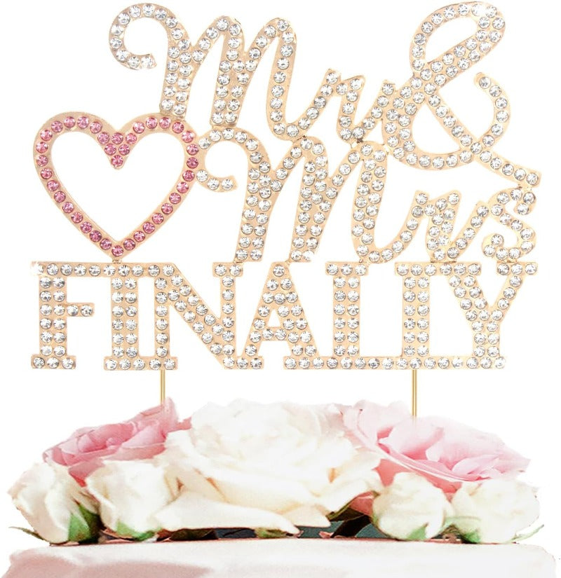 Finally Mr & Mrs Gold & Pink Wedding Rhinestone Cake Topper