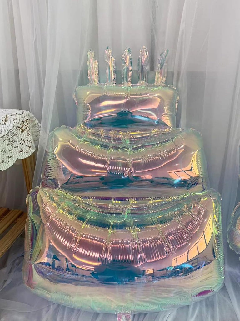 Gaint Three-Tier Iridescent Holographic Happy Birthday Cake Foil Balloon 40 Inch