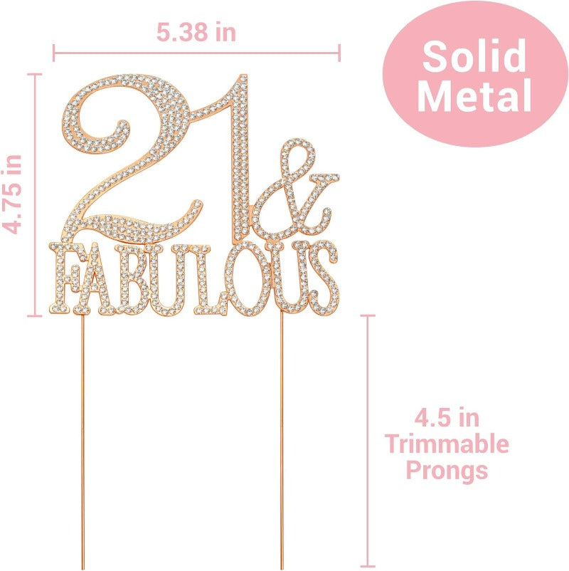 21 and Fabulous Cake Topper - Premium Rose Gold Metal Sparkly Rhinestone Decoration