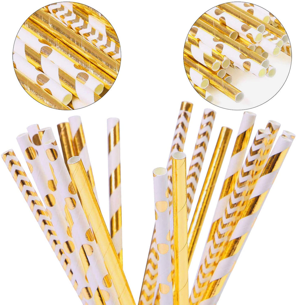 Paper Straws 200 Pack Biodegradable Gold 8.25" Straw for Everyday/Birthday Party/Bridal Shower/Wedding/Anniversary and Parties, 4 Beautiful Patterns, Long Lasting  (Gold)