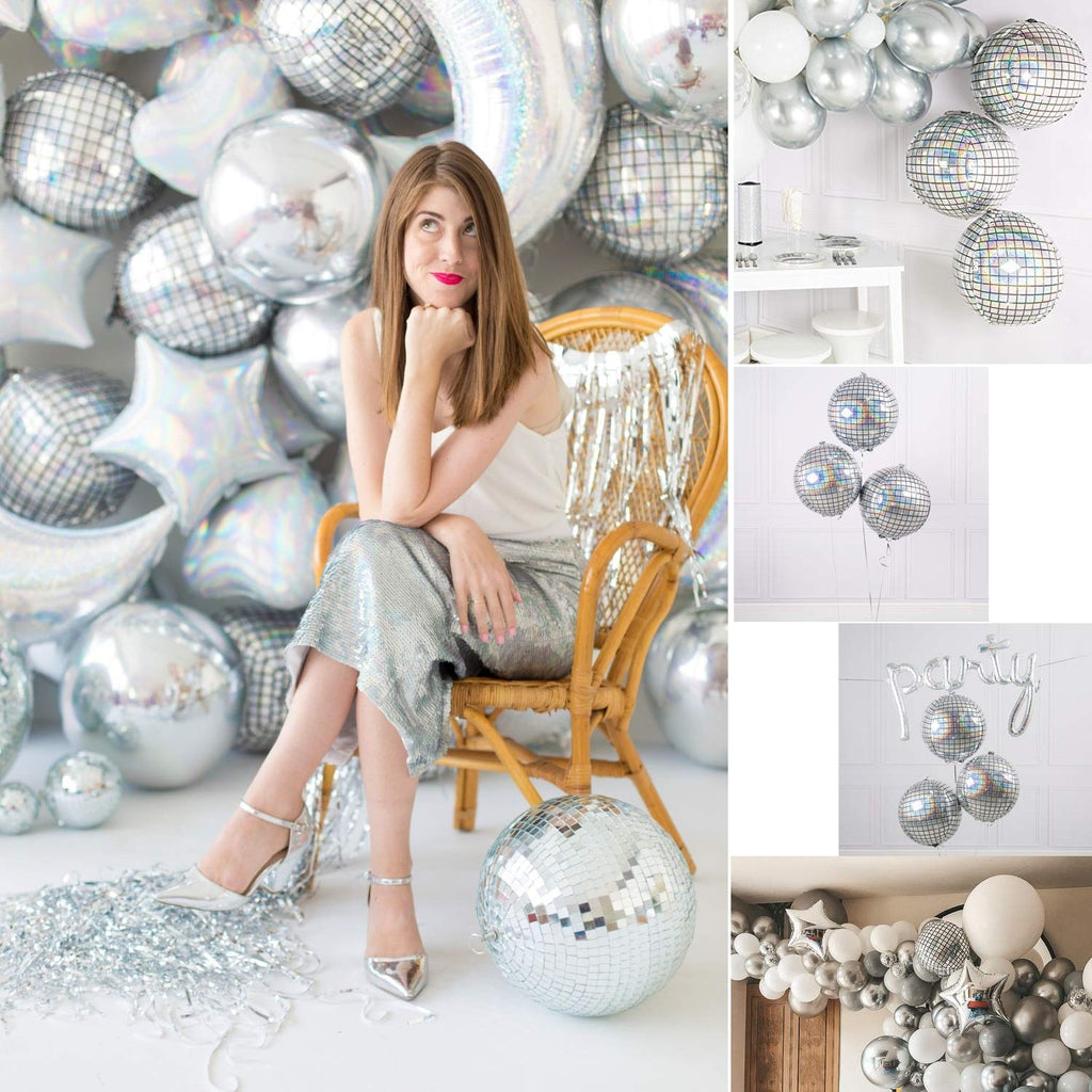 4Pcs 22inch Silver Laser Disco Ball Balloon Hangable, Helium Inflable