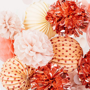 Premium Paper Decoration Set - Pom Pom, Honeycomb and Accordion Lantern (Dusty Rose Bloom with Metallic Rose Gold)