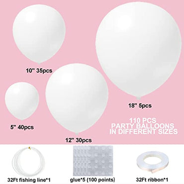 White Balloons 110Pcs White Balloon Garland Arch Kit 5/10/12/18 Inch Matte Latex White Balloons Different Sizes