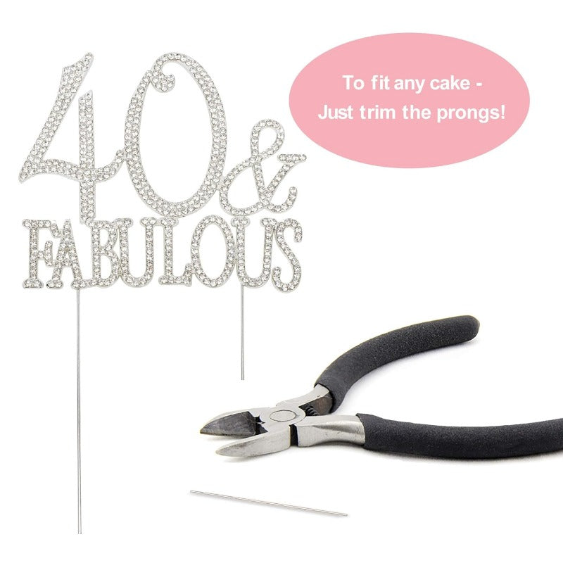 40 and Fabulous Cake Topper - Premium Silver Metal Sparkly Rhinestone Decoration