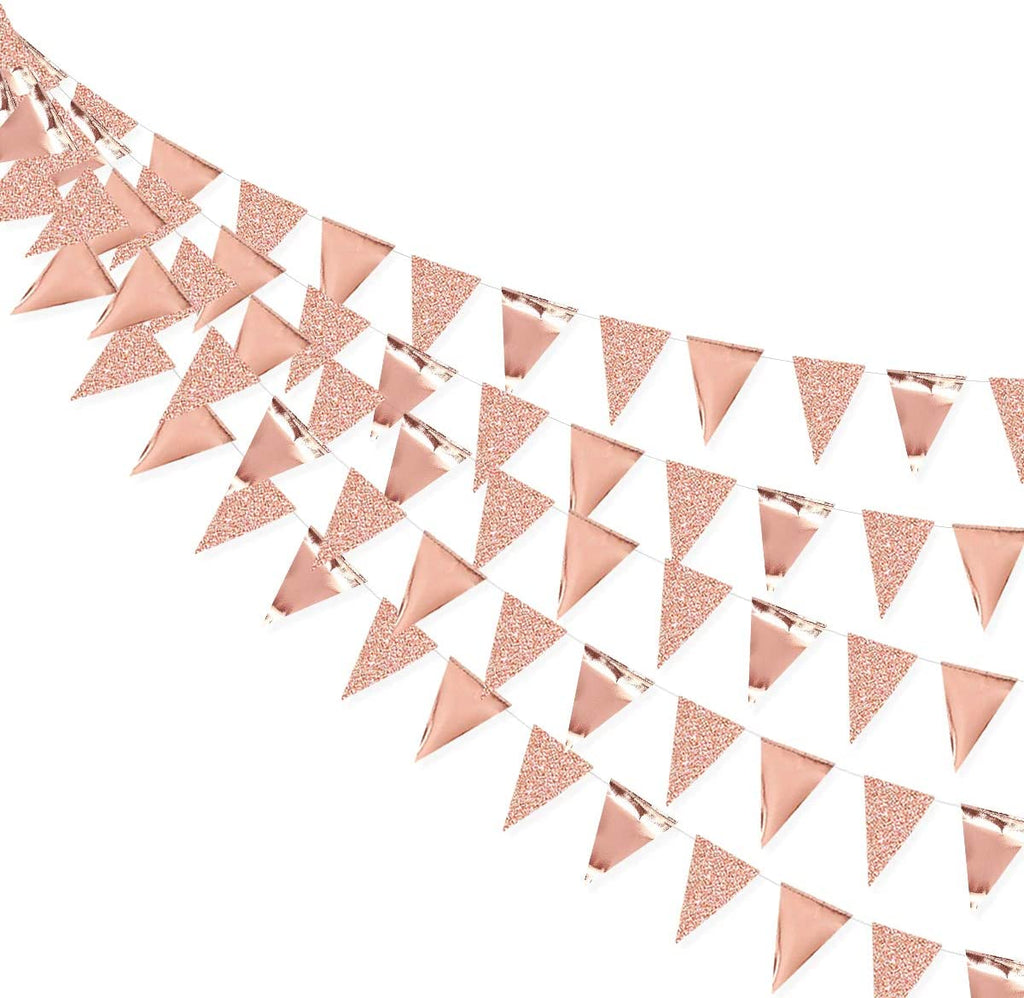 30 Ft Rose Gold Double Sided Glitter Metallic Paper Triangle Flag Pennant Bunting Banner