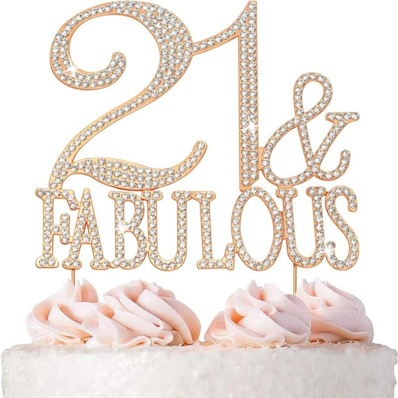 21 and Fabulous Cake Topper - Premium Rose Gold Metal Sparkly Rhinestone Decoration