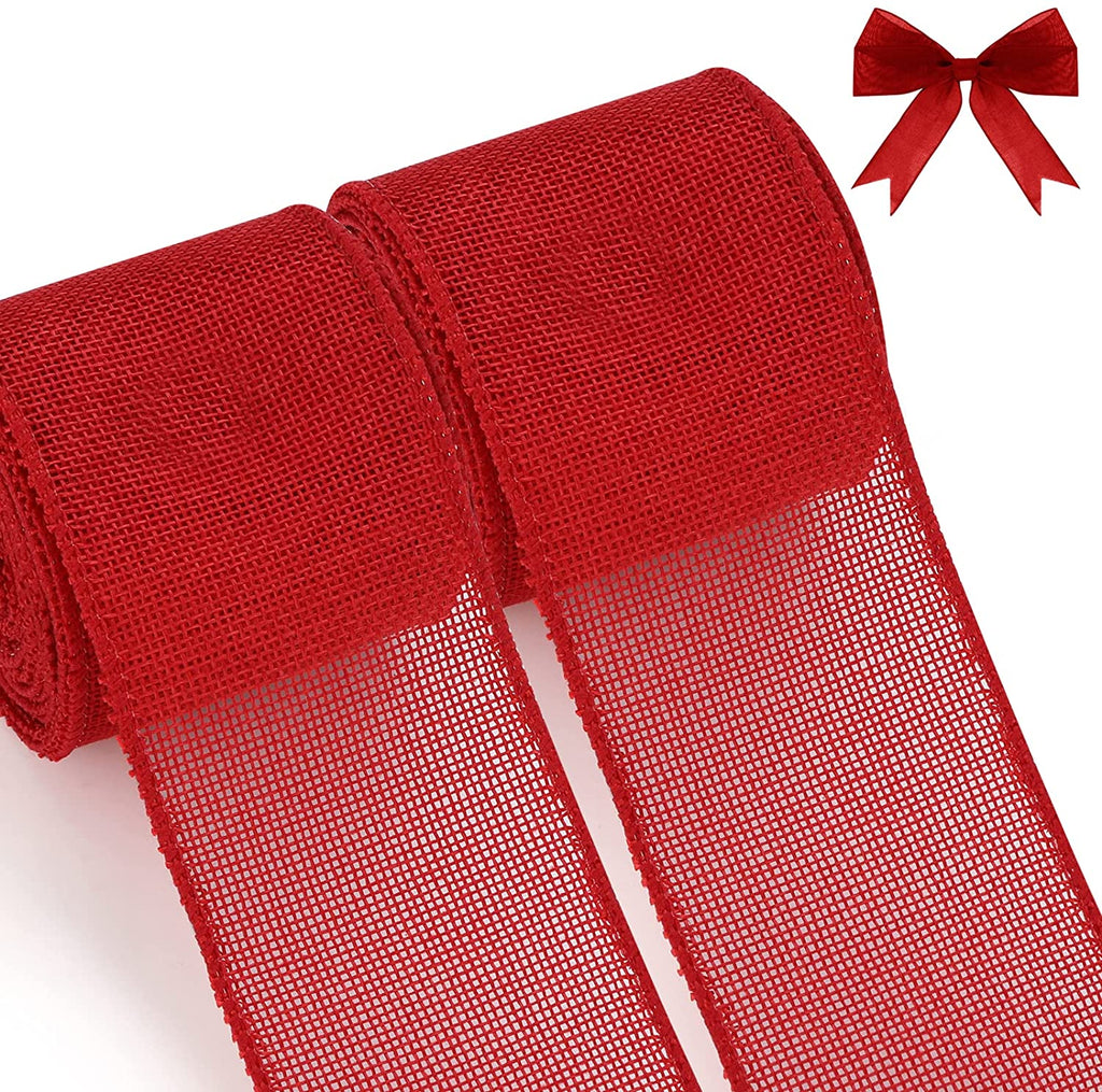 Christmas Burlap Wired Edge Ribbon for Gift Wrapping, Christmas Trees Decorations, Crafts Making, 2 Rolls, 2.5 Inch x 6 Yards, Red