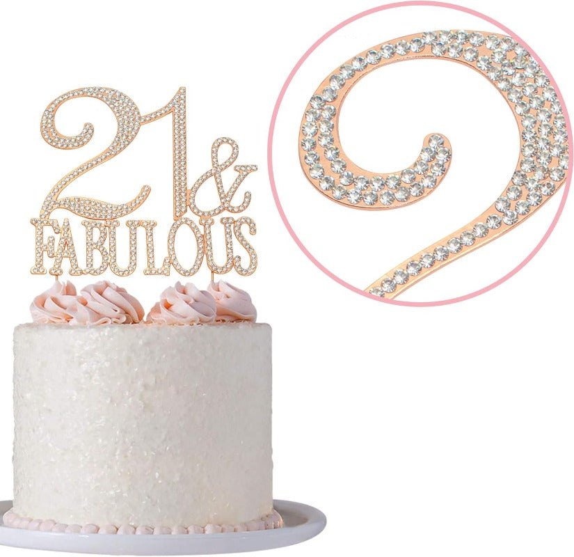 21 and Fabulous Cake Topper - Premium Rose Gold Metal Sparkly Rhinestone Decoration