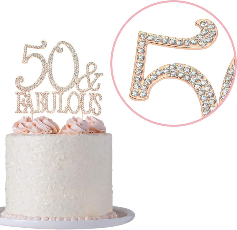 50 and Fabulous Cake Topper - Premium Rose Gold Metal Sparkly Rhinestone Decoration